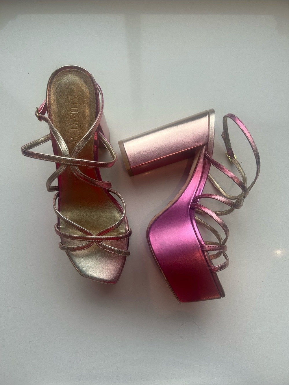 Stuart Weitzman Metallic Pink Strappy Platform Sandals